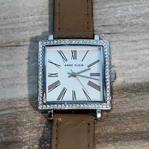Anne Klein Watch Women Pave Silver Tone Square Dial New Battery tan band